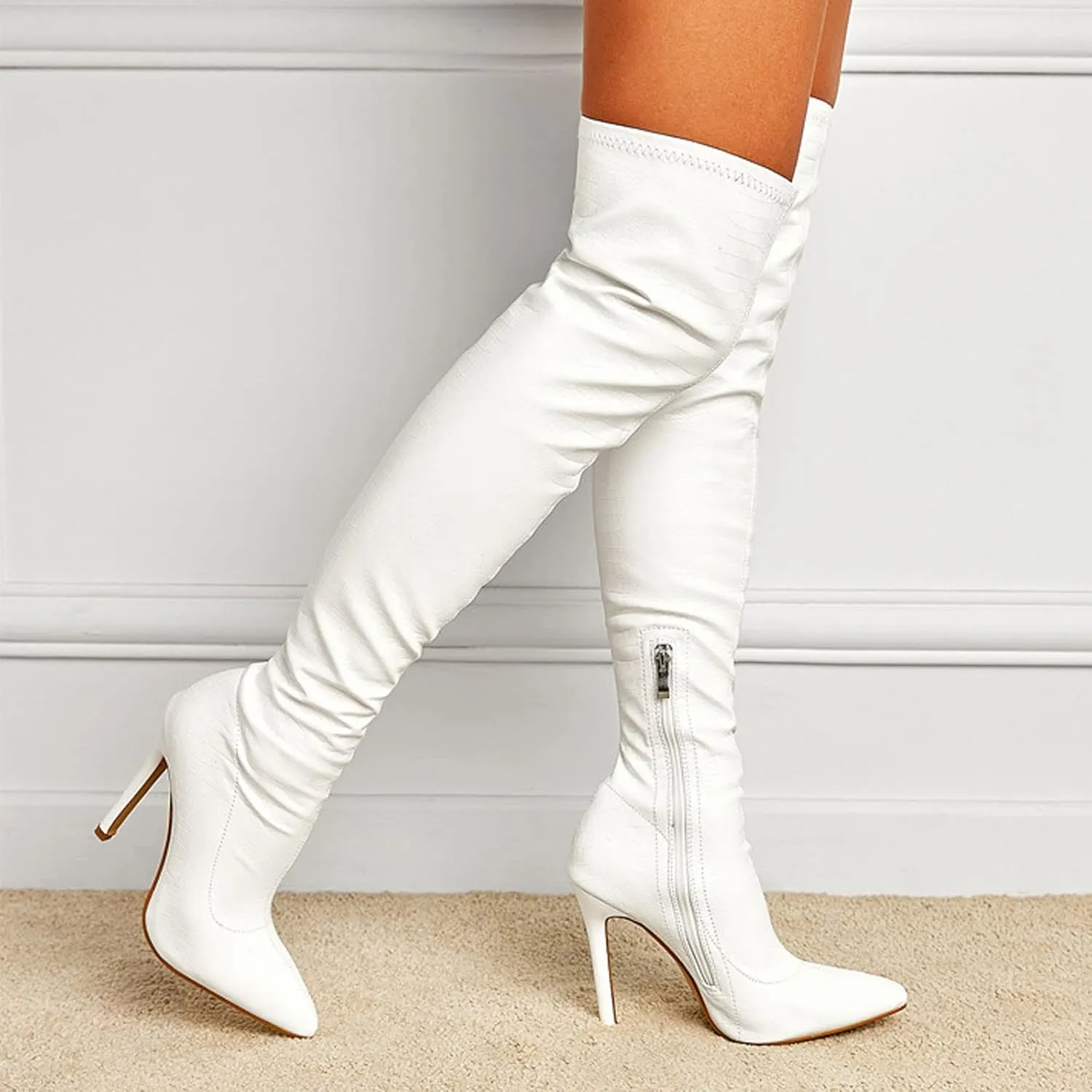 Over the Knee Boots for Women Stilettos Fashion Leather Pointed Toe Side Zipper Thin High Heel Long Boots Solid Casual Comfy Ladies Shoes