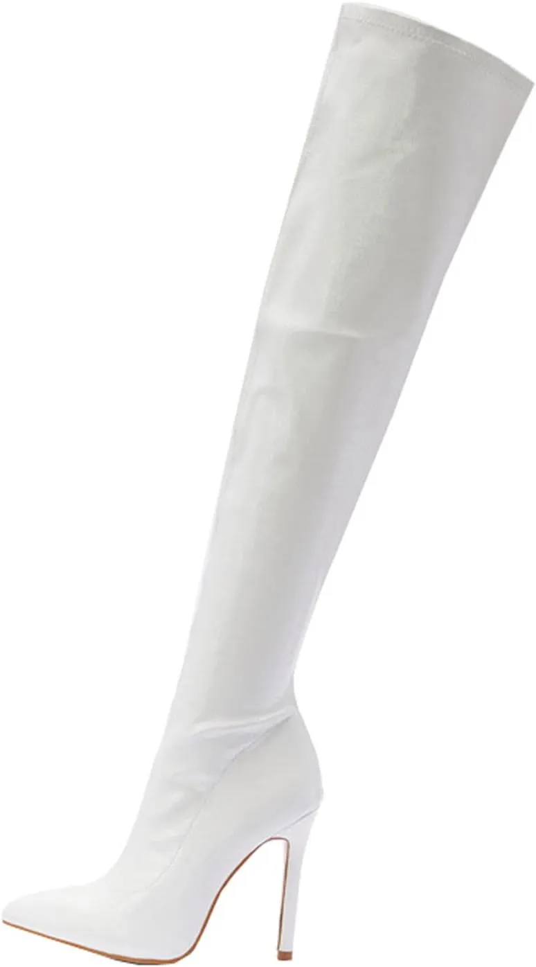 Over the Knee Boots for Women Stilettos Fashion Leather Pointed Toe Side Zipper Thin High Heel Long Boots Solid Casual Comfy Ladies Shoes