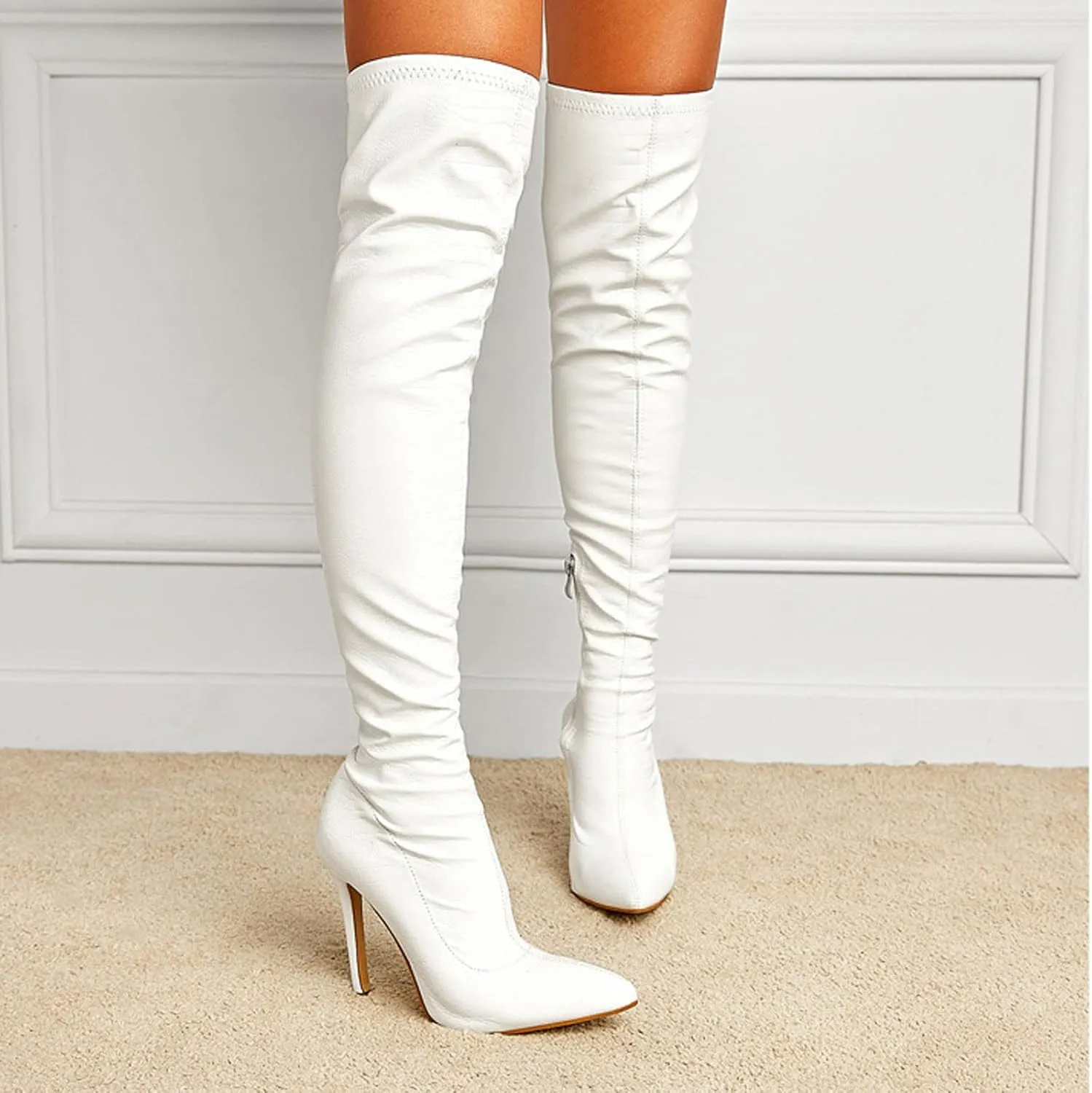 Over the Knee Boots for Women Stilettos Fashion Leather Pointed Toe Side Zipper Thin High Heel Long Boots Solid Casual Comfy Ladies Shoes