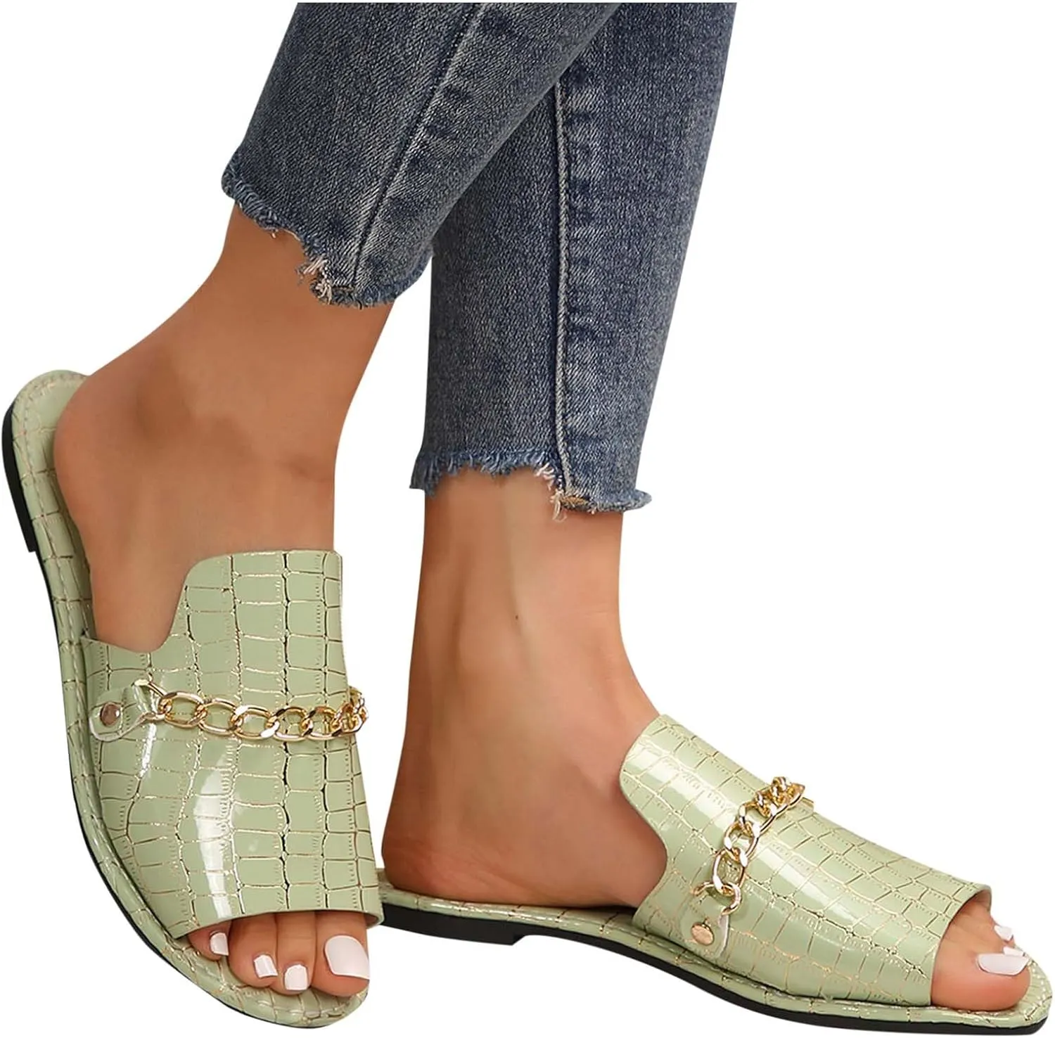 Peep Toe Flats for Women Dressy Sandals Comfort Slip On Slides Metal Chain Non-Slip Shoes Beach Shower Indoor Outdoor