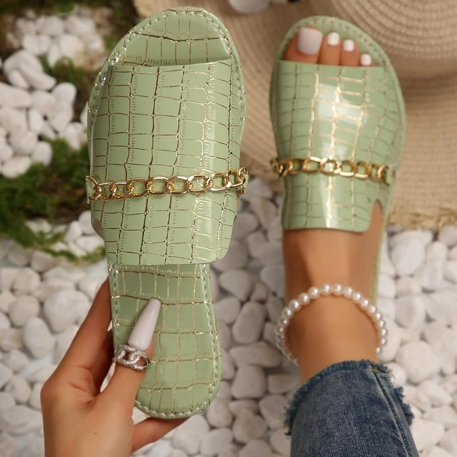 Peep Toe Flats for Women Dressy Sandals Comfort Slip On Slides Metal Chain Non-Slip Shoes Beach Shower Indoor Outdoor