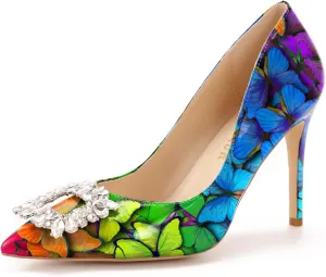 Reindee Lusion Womens High Stiletto Heels Pumps Crystal Printed Closed Toe Sexy Pumps Shoes