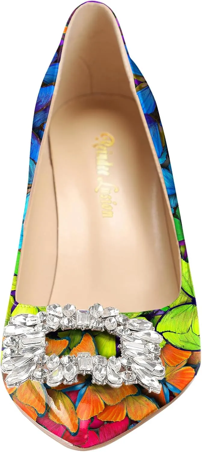 Reindee Lusion Womens High Stiletto Heels Pumps Crystal Printed Closed Toe Sexy Pumps Shoes