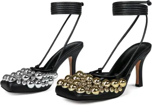 Saint Leia Women's 4IN High Heel Sandals Nude Stiletto Pumps with Gold Silver Pearls Heels for Weddings Parties and Evening Wear