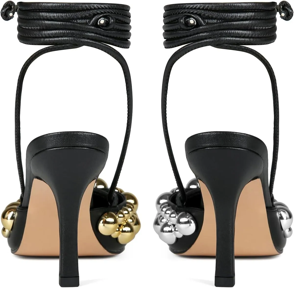 Saint Leia Women's 4IN High Heel Sandals Nude Stiletto Pumps with Gold Silver Pearls Heels for Weddings Parties and Evening Wear