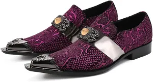 Santimon Men's Fashion Dress Loafers Slip On Metal Ornamented Head Tuxedo Formal Suede Leather Embossed Beaded Pointed Toe Wedding Shoes