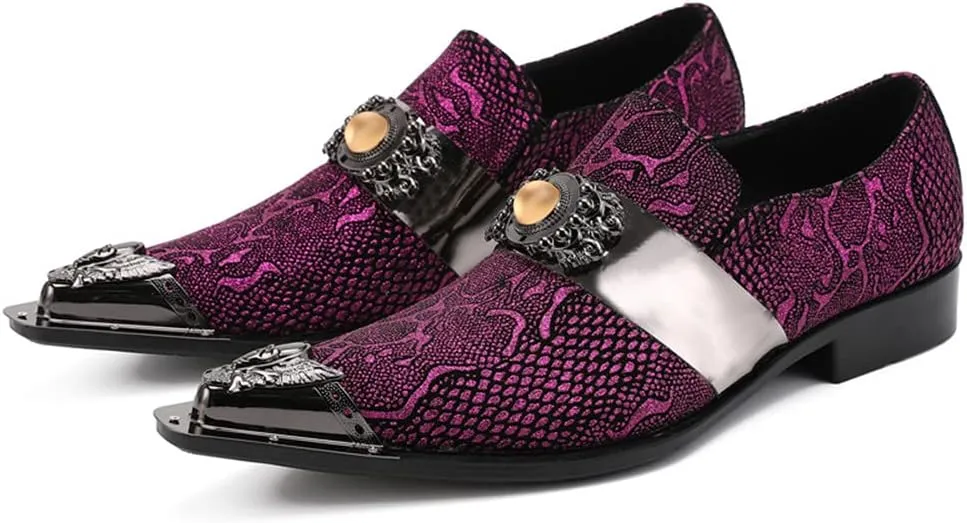 Santimon Men's Fashion Dress Loafers Slip On Metal Ornamented Head Tuxedo Formal Suede Leather Embossed Beaded Pointed Toe Wedding Shoes