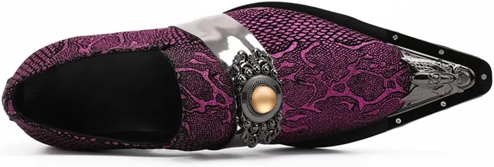Santimon Men's Fashion Dress Loafers Slip On Metal Ornamented Head Tuxedo Formal Suede Leather Embossed Beaded Pointed Toe Wedding Shoes