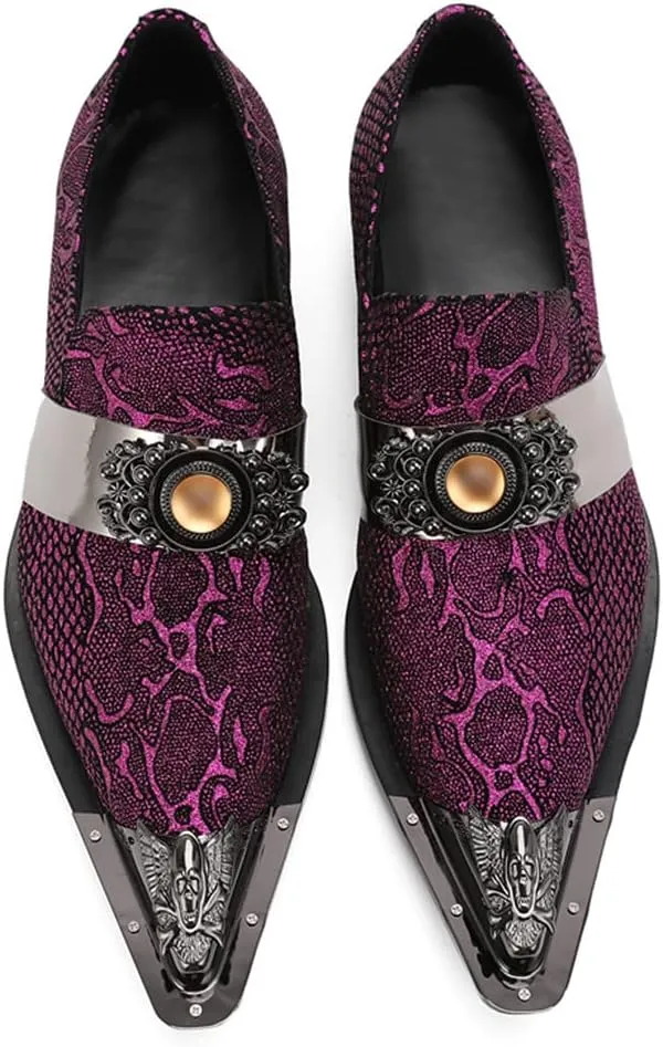 Santimon Men's Fashion Dress Loafers Slip On Metal Ornamented Head Tuxedo Formal Suede Leather Embossed Beaded Pointed Toe Wedding Shoes