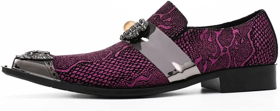 Santimon Men's Fashion Dress Loafers Slip On Metal Ornamented Head Tuxedo Formal Suede Leather Embossed Beaded Pointed Toe Wedding Shoes
