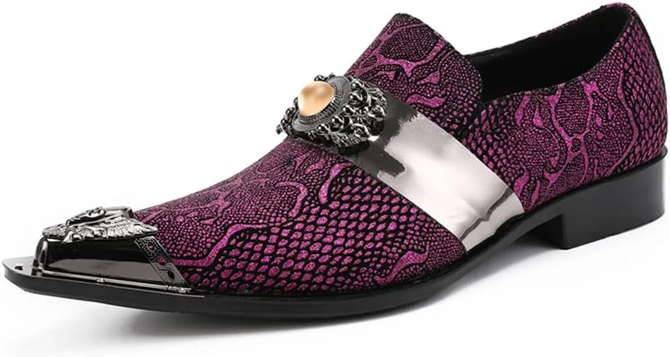 Santimon Men's Fashion Dress Loafers Slip On Metal Ornamented Head Tuxedo Formal Suede Leather Embossed Beaded Pointed Toe Wedding Shoes
