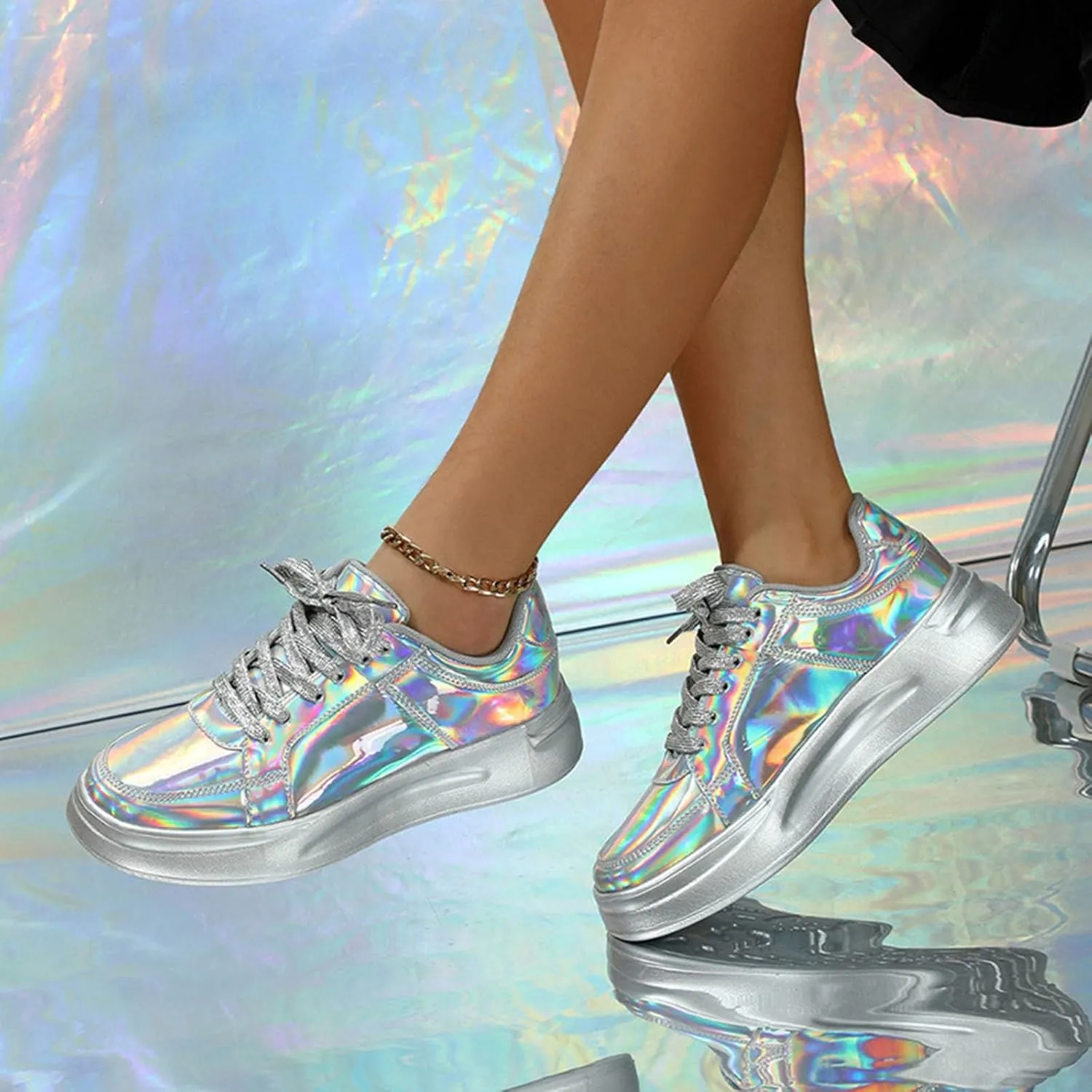 Shoes For Plantar Fasciitis For Women Couples Fashion Thick Soled Sequins Lace Up Heightening Womens Running