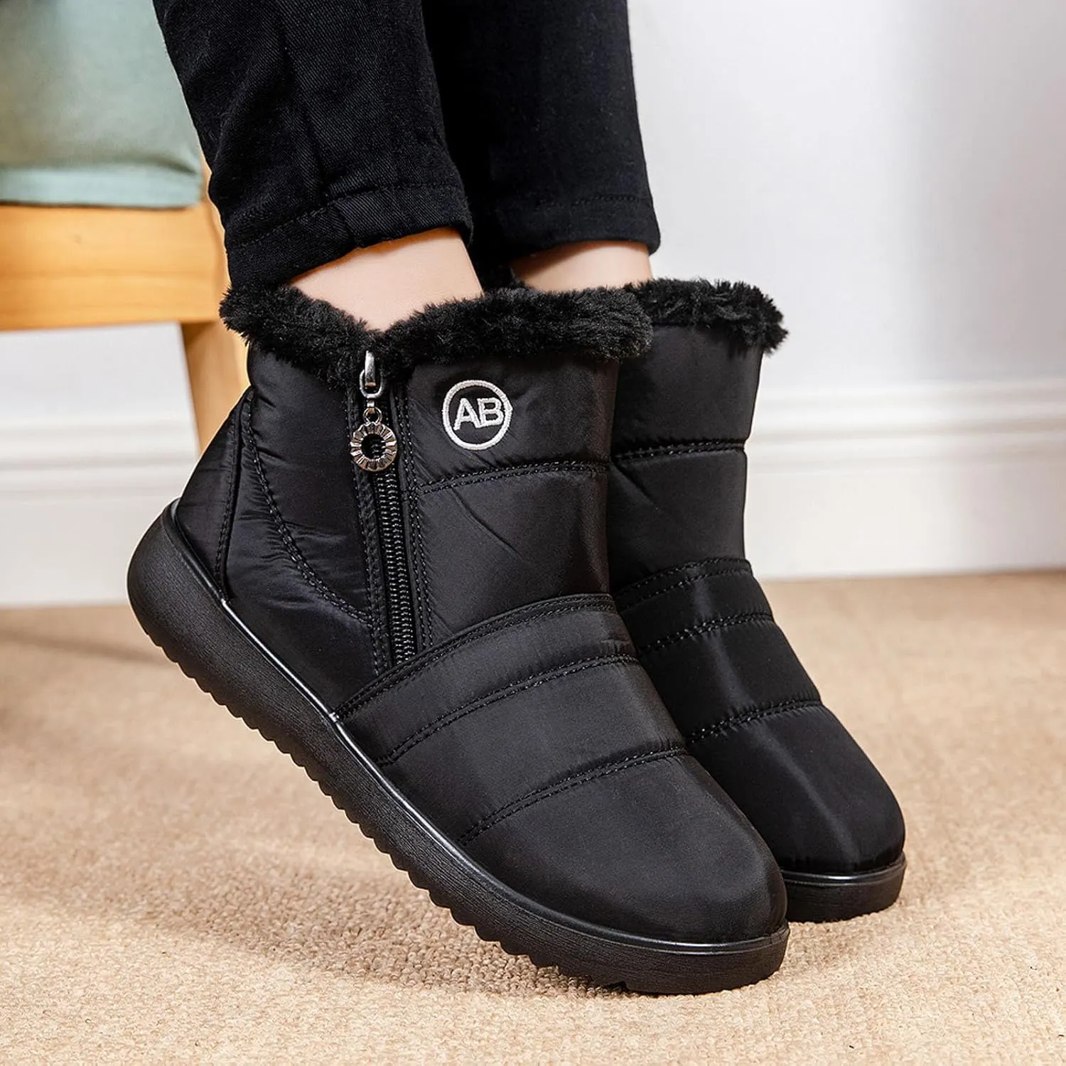 Snow Boots for Women Warm Fur Lined Ankle Boots Winter Comfy Flat Heel Booties Outdoor Waterproof Short Shoes
