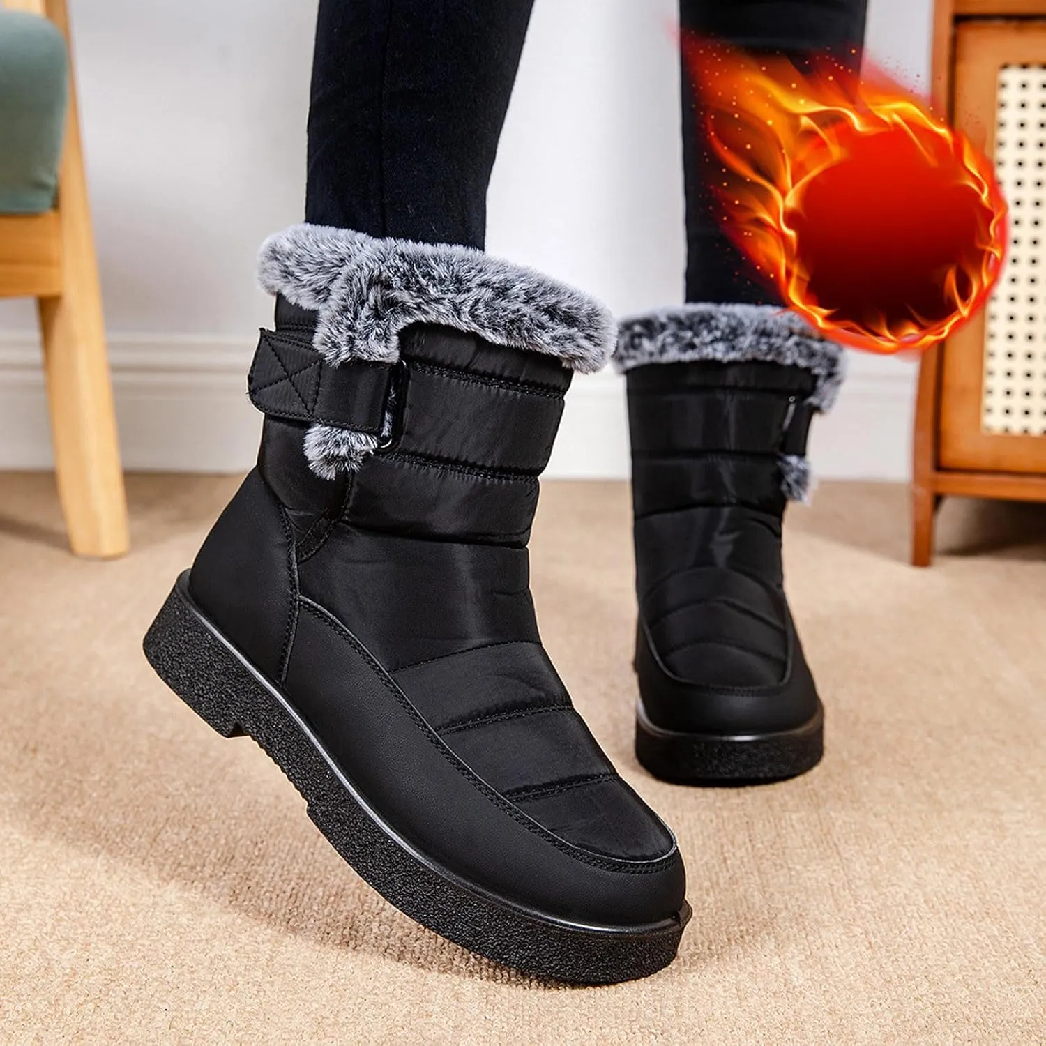 Snow Boots for Women Warm Fur Lined Ankle Boots Winter Comfy Flat Heel Booties Outdoor Waterproof Short Shoes