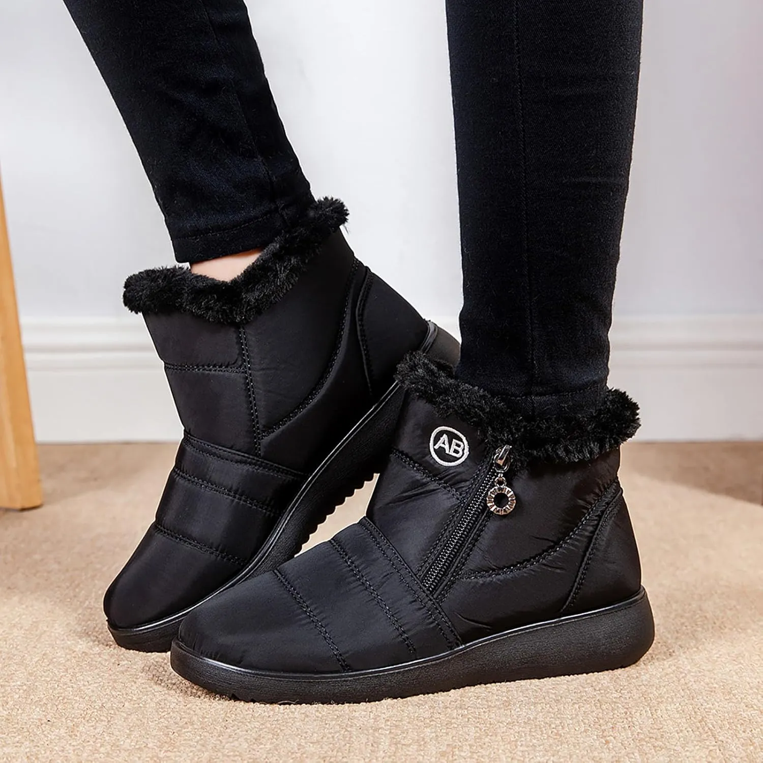 Snow Boots for Women Warm Fur Lined Ankle Boots Winter Comfy Flat Heel Booties Outdoor Waterproof Short Shoes