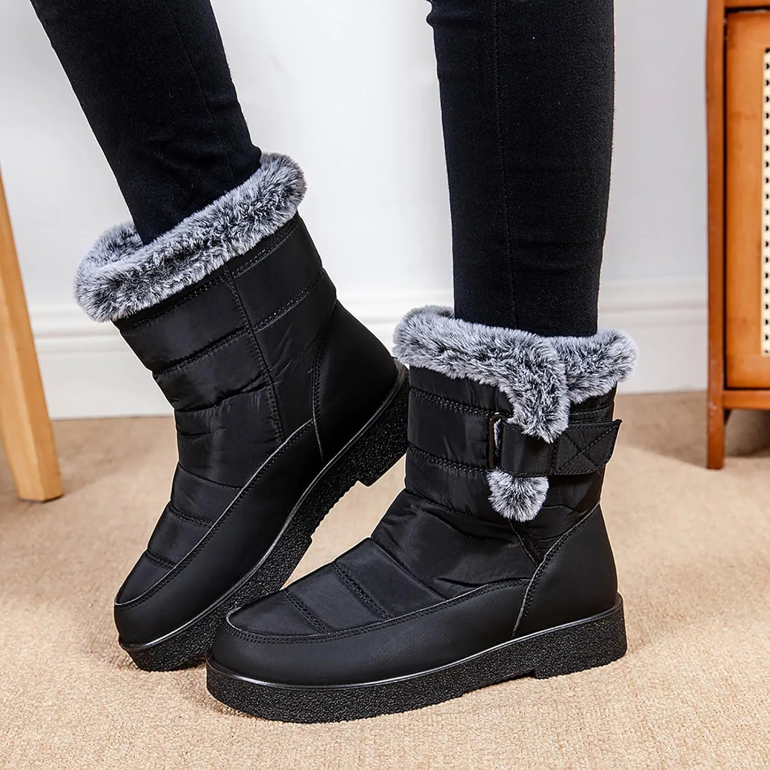 Snow Boots for Women Warm Fur Lined Ankle Boots Winter Comfy Flat Heel Booties Outdoor Waterproof Short Shoes
