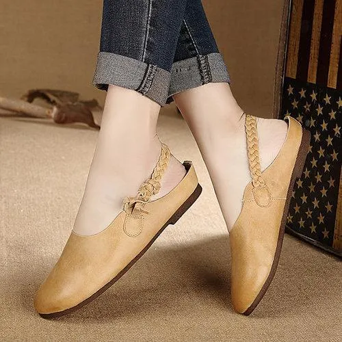 Socofy Pure Color Leather Knitting Elastic Band Soft Slingback Loafers