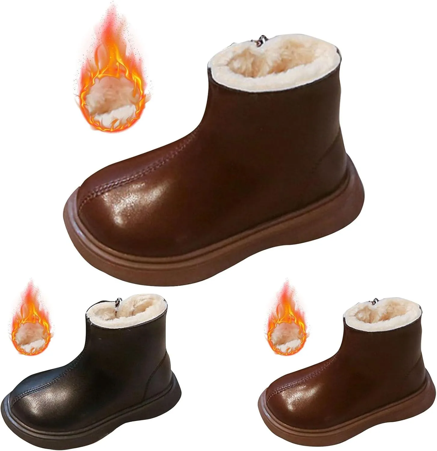 Toddler Fuzzy Snow Booties Side Zipper Leather Western Cowboy Shoes Kids Winter Warm Outdoor Ski Non Slip Boots Comfy