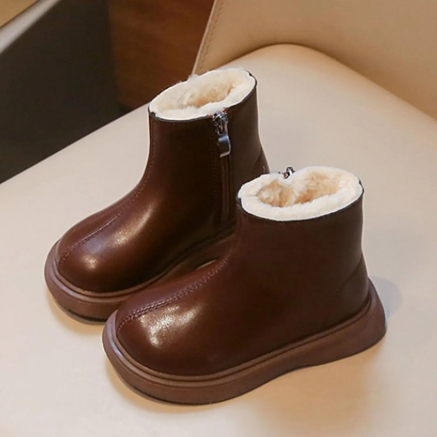 Toddler Fuzzy Snow Booties Side Zipper Leather Western Cowboy Shoes Kids Winter Warm Outdoor Ski Non Slip Boots Comfy