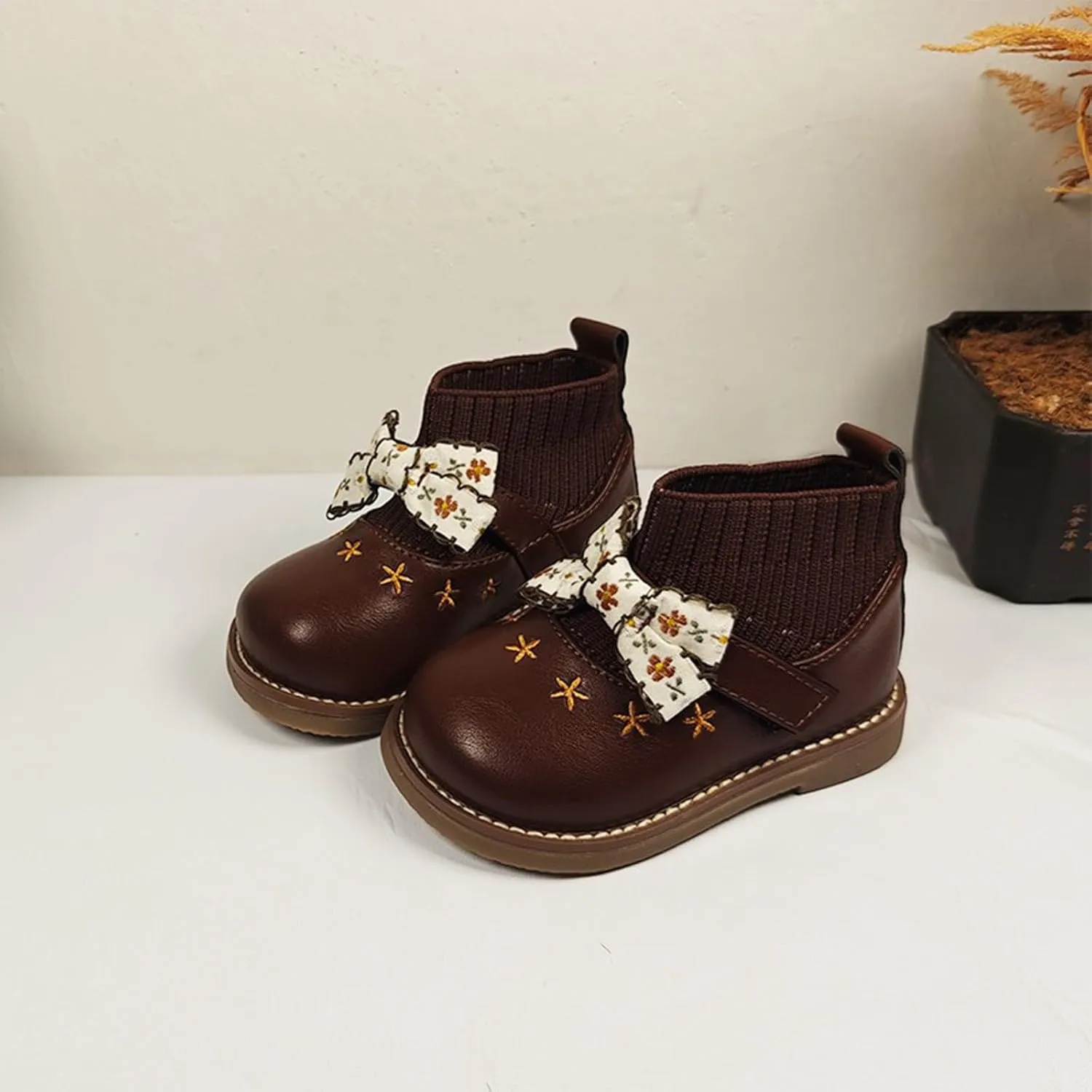 Toddler Knitting Ankle Boots Round Toe Comfortable Warm Casual Soft Cute Bowknot Anti Slip Shoes for Girls Ski Boots 21