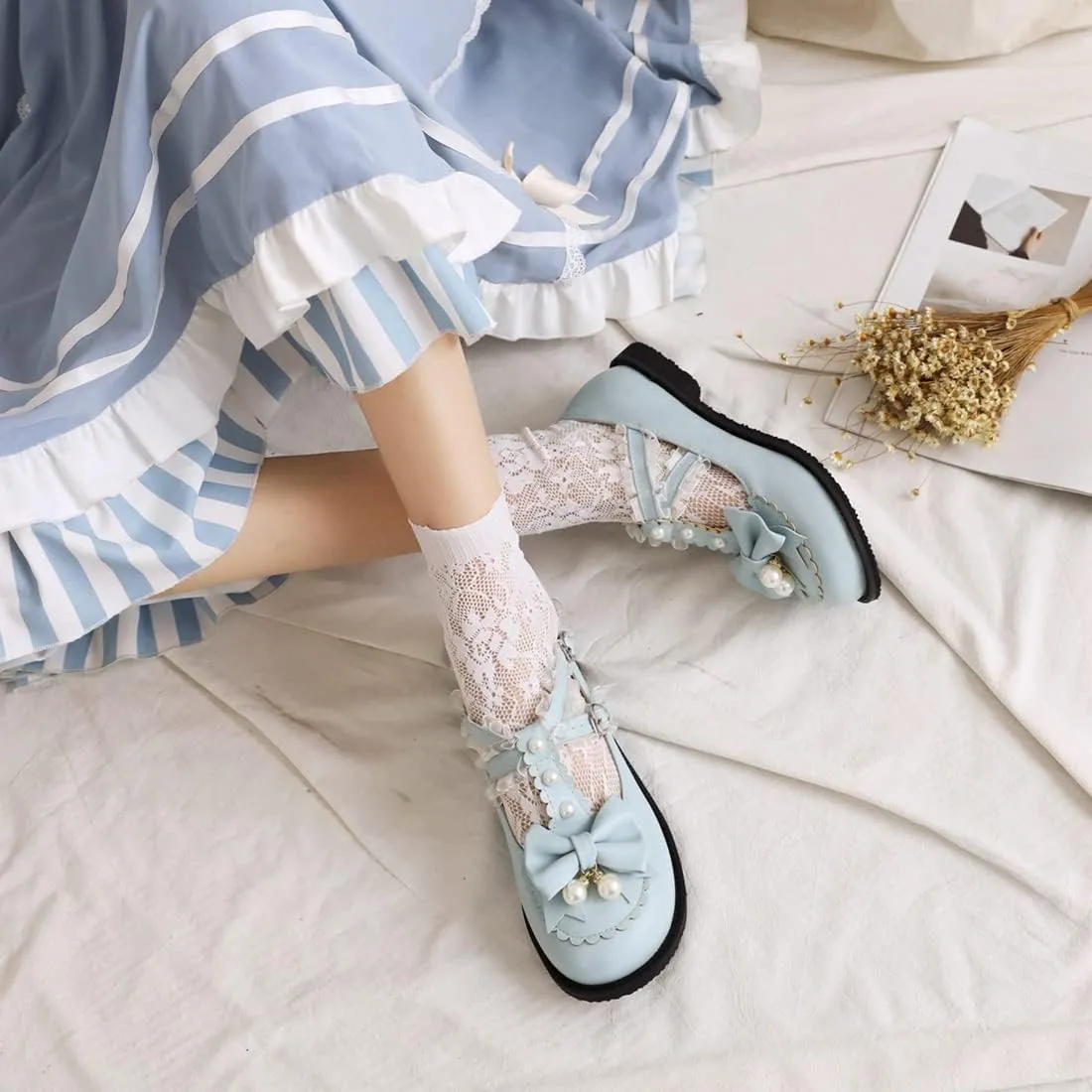 VOKLIN Women's Girls Mary Jane Ballet Flat Shoes Sweet Bow Slip On Party Dress Ballerina School Oxford Shoe