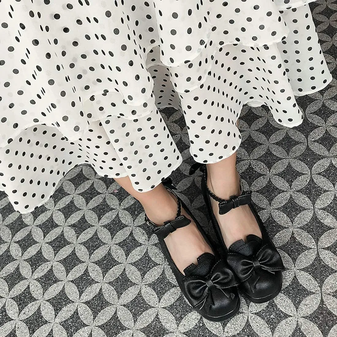VOKLIN Women's Girls Princess Mary Janes Pumps Sweet Bow Ankle Strap Block Mid Heel Lolita Oxford Dress Shoes