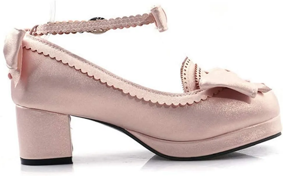 VOKLIN Women's Girls Princess Mary Janes Pumps Sweet Bow Ankle Strap Block Mid Heel Lolita Oxford Dress Shoes