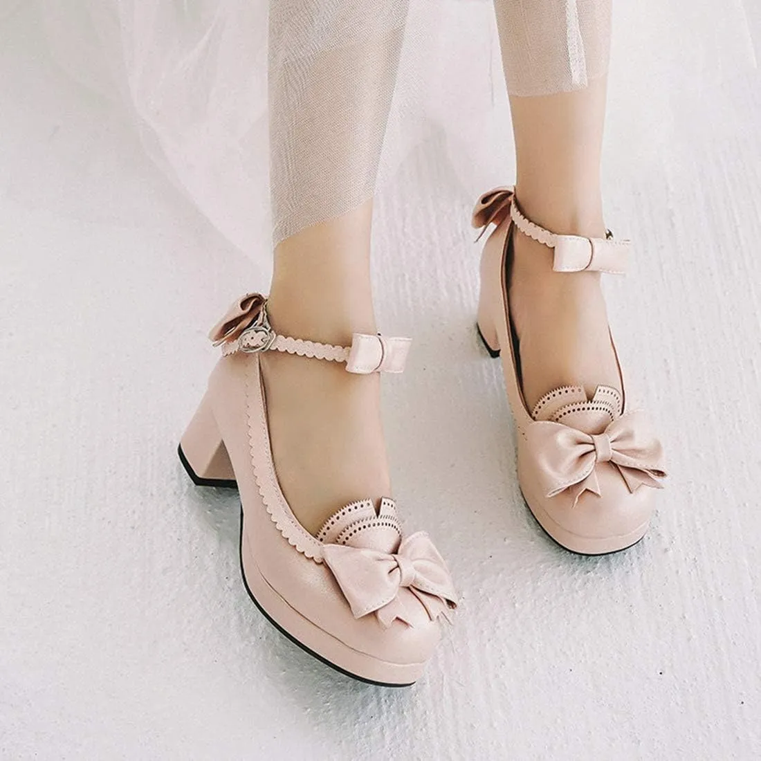 VOKLIN Women's Girls Princess Mary Janes Pumps Sweet Bow Ankle Strap Block Mid Heel Lolita Oxford Dress Shoes