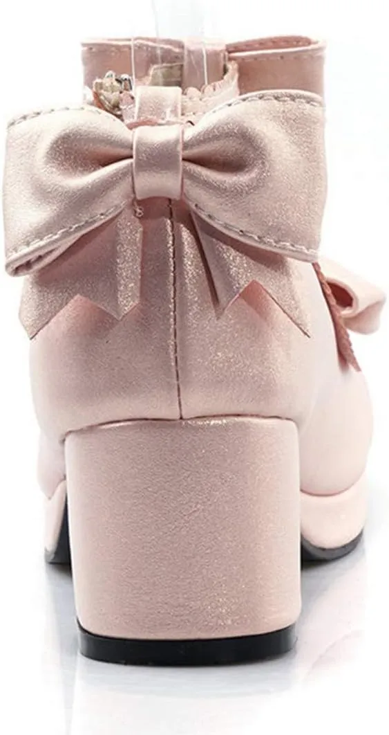 VOKLIN Women's Girls Princess Mary Janes Pumps Sweet Bow Ankle Strap Block Mid Heel Lolita Oxford Dress Shoes