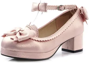 VOKLIN Women's Girls Princess Mary Janes Pumps Sweet Bow Ankle Strap Block Mid Heel Lolita Oxford Dress Shoes