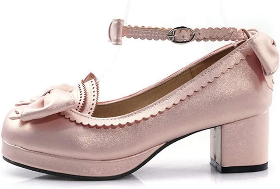 VOKLIN Women's Girls Princess Mary Janes Pumps Sweet Bow Ankle Strap Block Mid Heel Lolita Oxford Dress Shoes