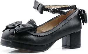 VOKLIN Women's Girls Princess Mary Janes Pumps Sweet Bow Ankle Strap Block Mid Heel Lolita Oxford Dress Shoes