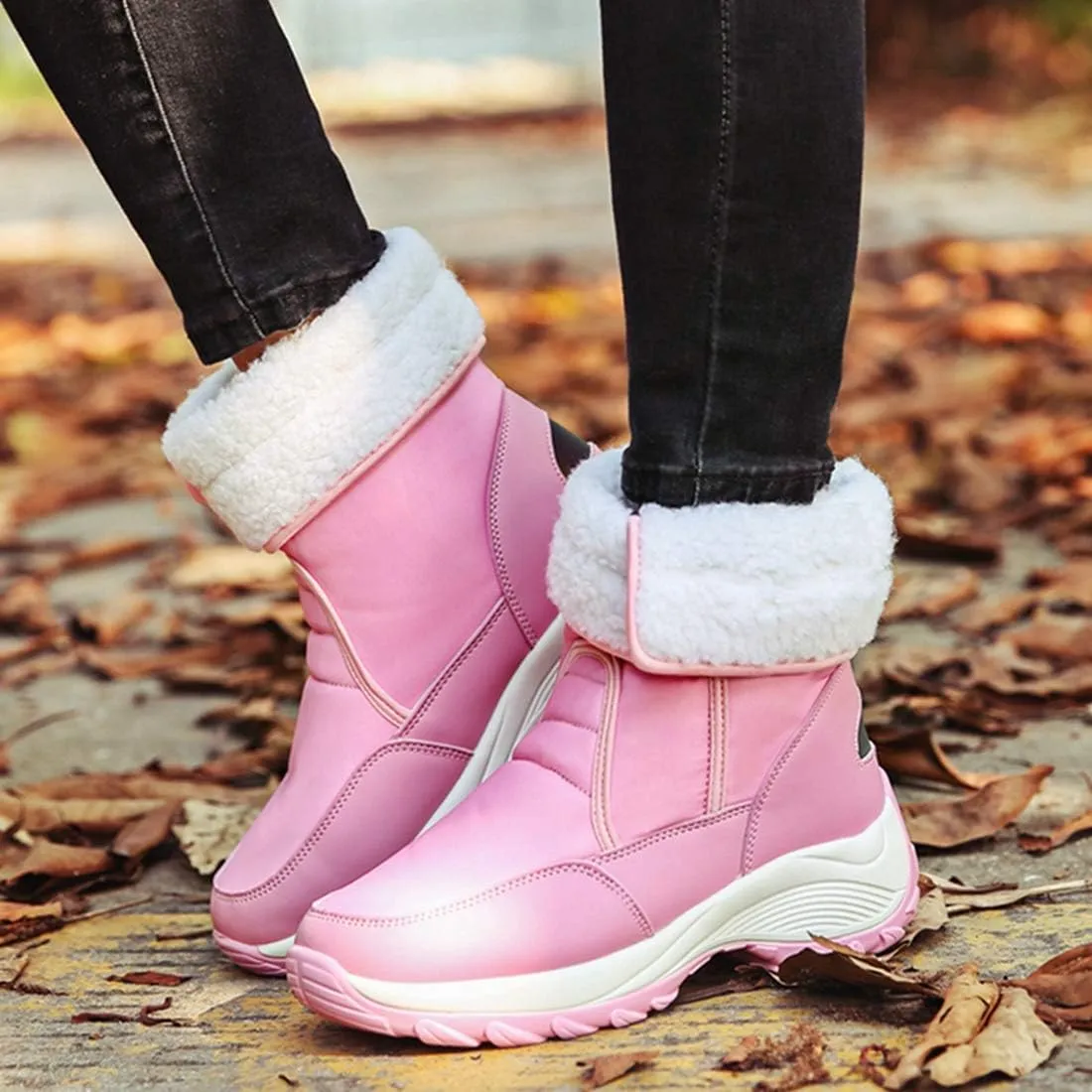 VOKLIN Women's Winter Waterproof Rain Snow Boots Fashion Platform Hook-and-Loop Mid Wide Calf Ski Snow Booties