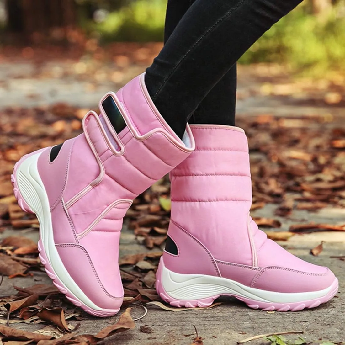 VOKLIN Women's Winter Waterproof Rain Snow Boots Fashion Platform Hook-and-Loop Mid Wide Calf Ski Snow Booties