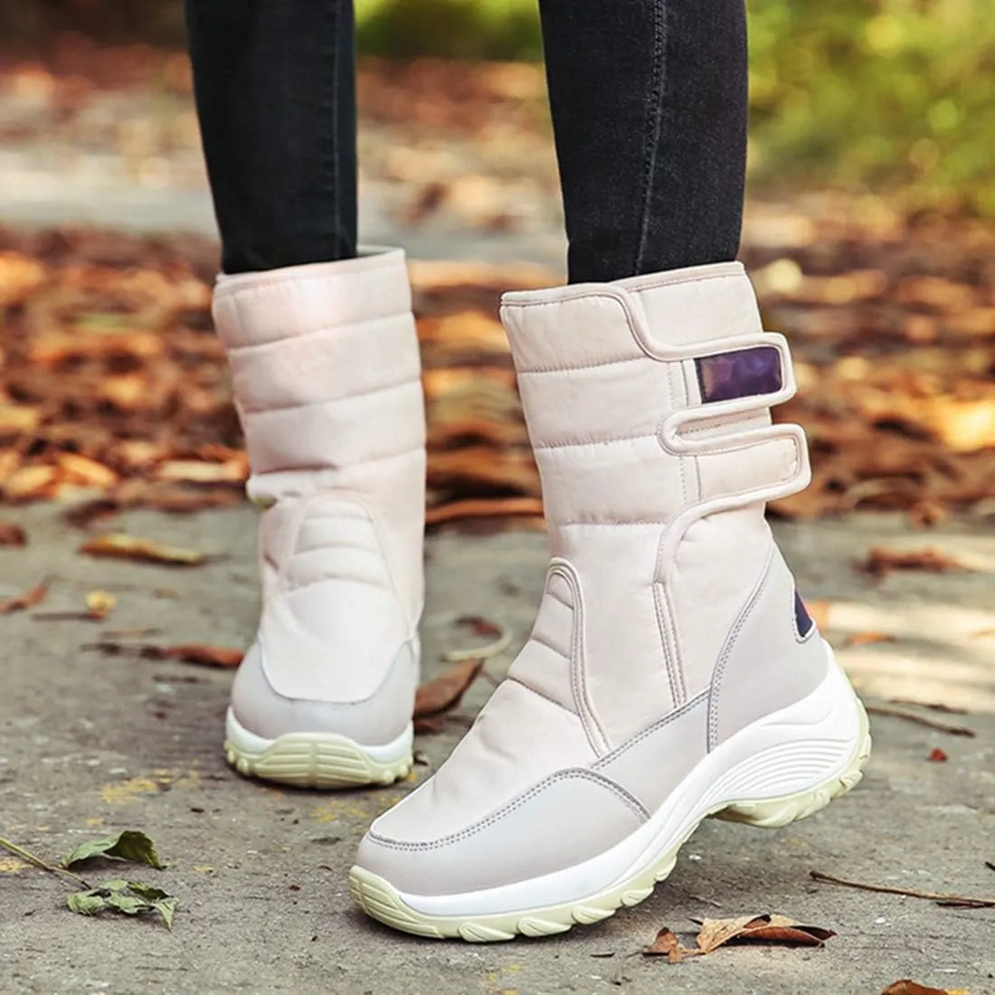 VOKLIN Women's Winter Waterproof Rain Snow Boots Fashion Platform Hook-and-Loop Mid Wide Calf Ski Snow Booties