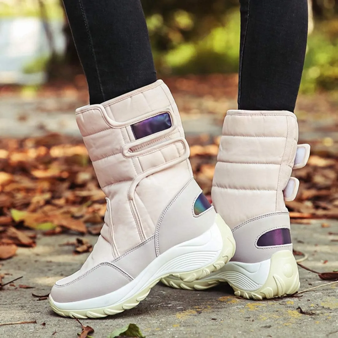 VOKLIN Women's Winter Waterproof Rain Snow Boots Fashion Platform Hook-and-Loop Mid Wide Calf Ski Snow Booties