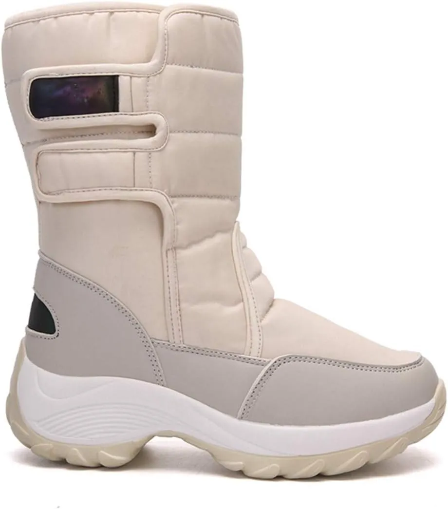 VOKLIN Women's Winter Waterproof Rain Snow Boots Fashion Platform Hook-and-Loop Mid Wide Calf Ski Snow Booties