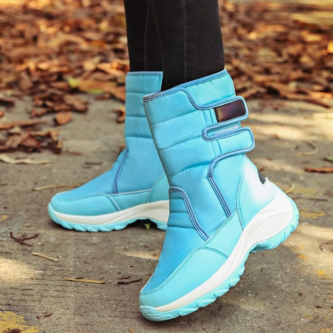 VOKLIN Women's Winter Waterproof Rain Snow Boots Fashion Platform Hook-and-Loop Mid Wide Calf Ski Snow Booties