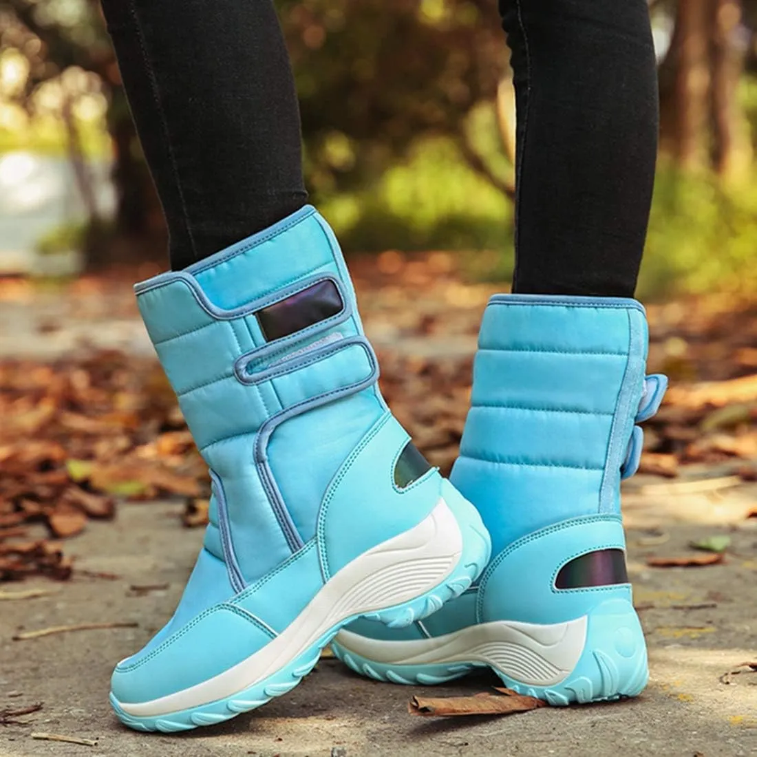 VOKLIN Women's Winter Waterproof Rain Snow Boots Fashion Platform Hook-and-Loop Mid Wide Calf Ski Snow Booties