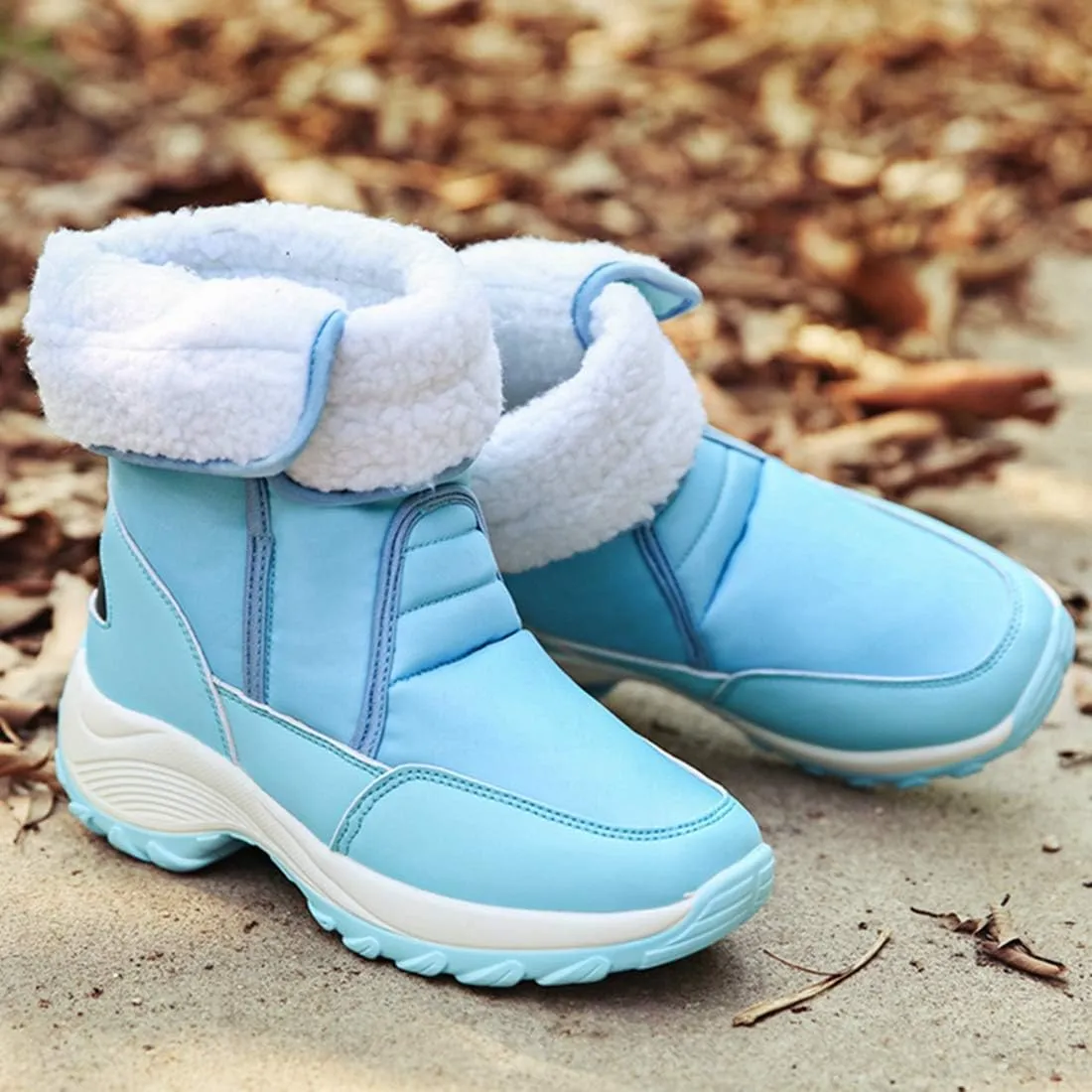 VOKLIN Women's Winter Waterproof Rain Snow Boots Fashion Platform Hook-and-Loop Mid Wide Calf Ski Snow Booties