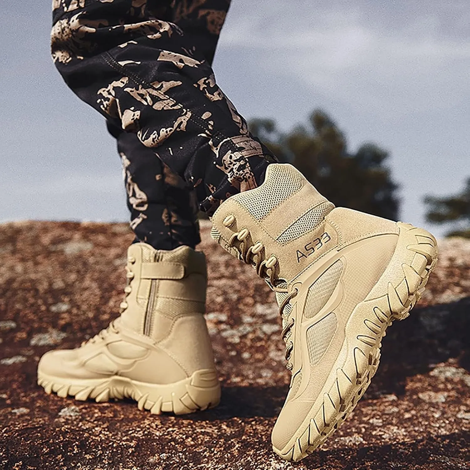 Wcxixo Waterproof Military Tactical Boots for Men, Outdoor Lace-up Sports Non-Slip Hiking Work Boots, Durable Lightweight Cushioning Breathable Hiking Shoes