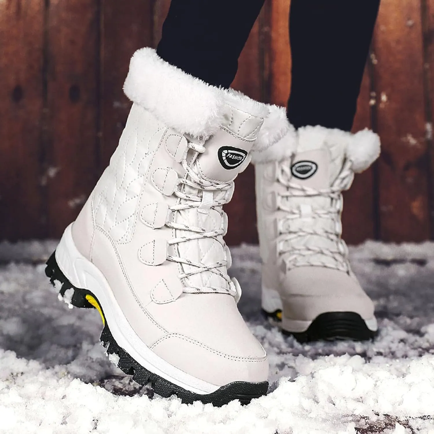 Winter Boots for Women Mid Calf Lace Up Warm Fur Lined Winter Boots Anti Slip Lug Sole Waterproof Hiking Snow Boots