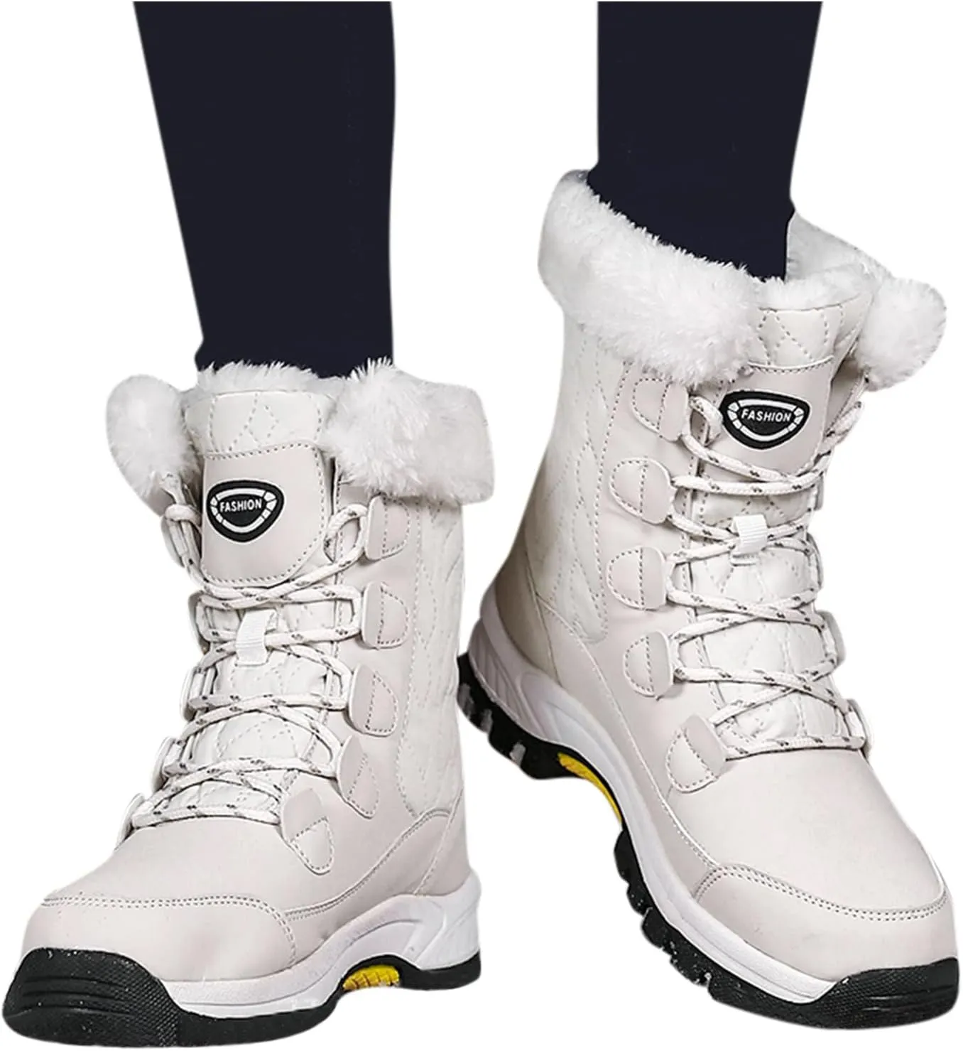 Winter Boots for Women Mid Calf Lace Up Warm Fur Lined Winter Boots Anti Slip Lug Sole Waterproof Hiking Snow Boots