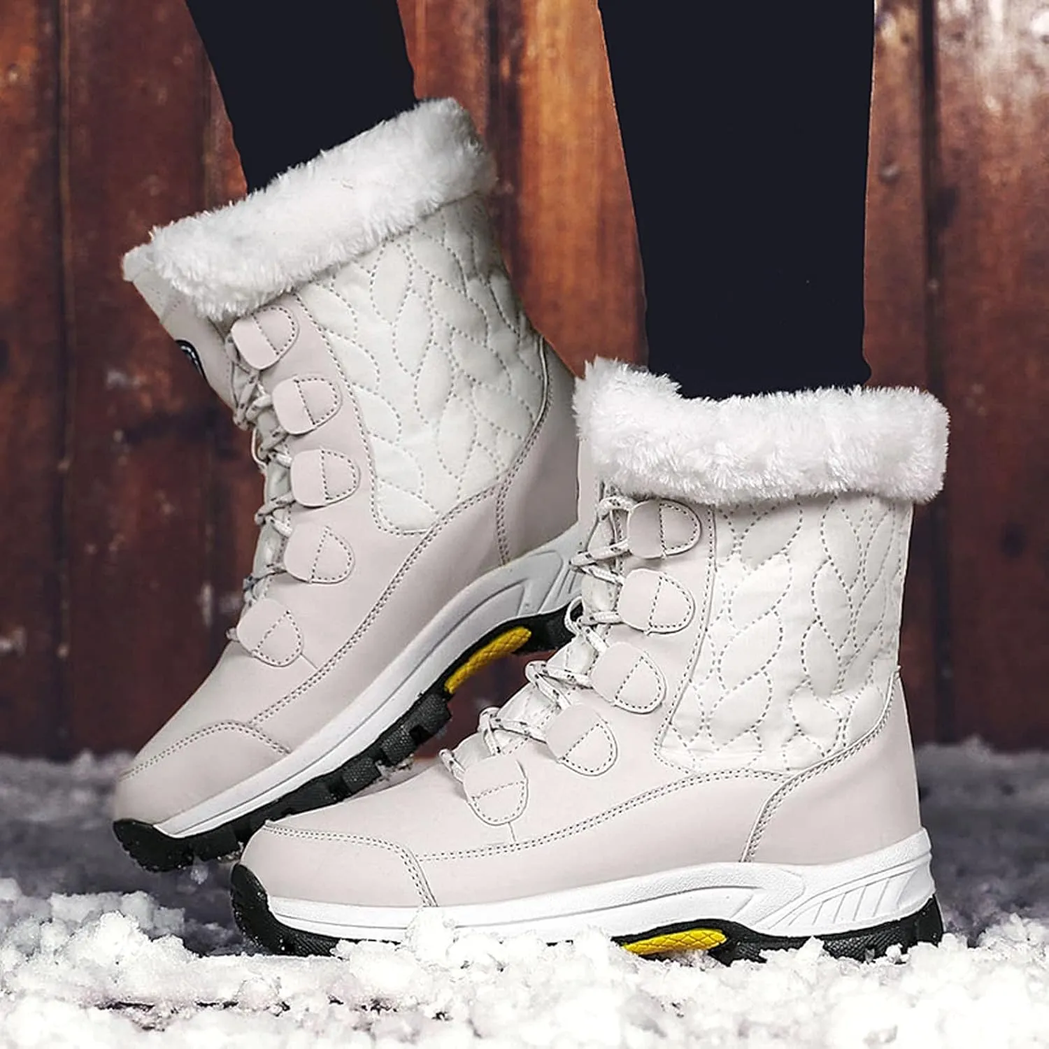 Winter Boots for Women Mid Calf Lace Up Warm Fur Lined Winter Boots Anti Slip Lug Sole Waterproof Hiking Snow Boots