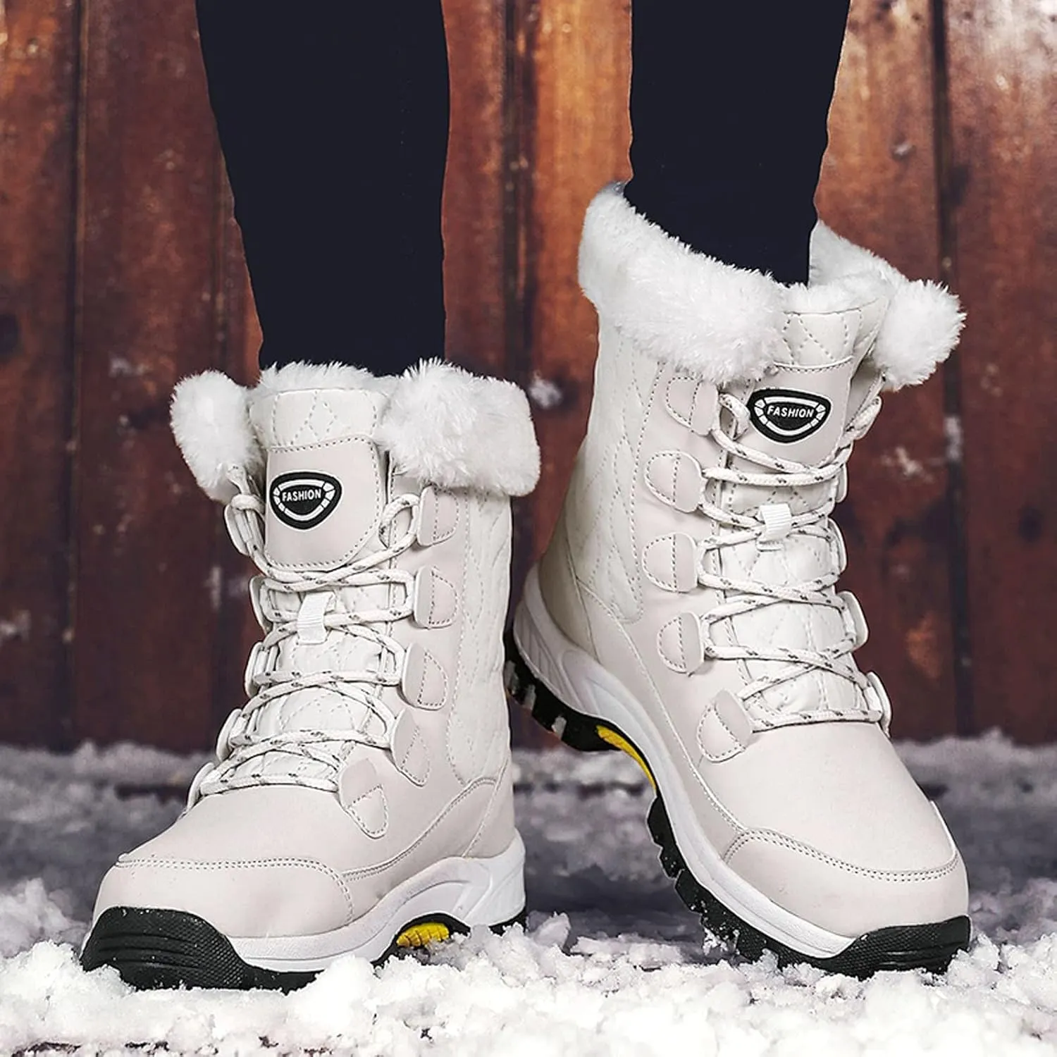 Winter Boots for Women Mid Calf Lace Up Warm Fur Lined Winter Boots Anti Slip Lug Sole Waterproof Hiking Snow Boots