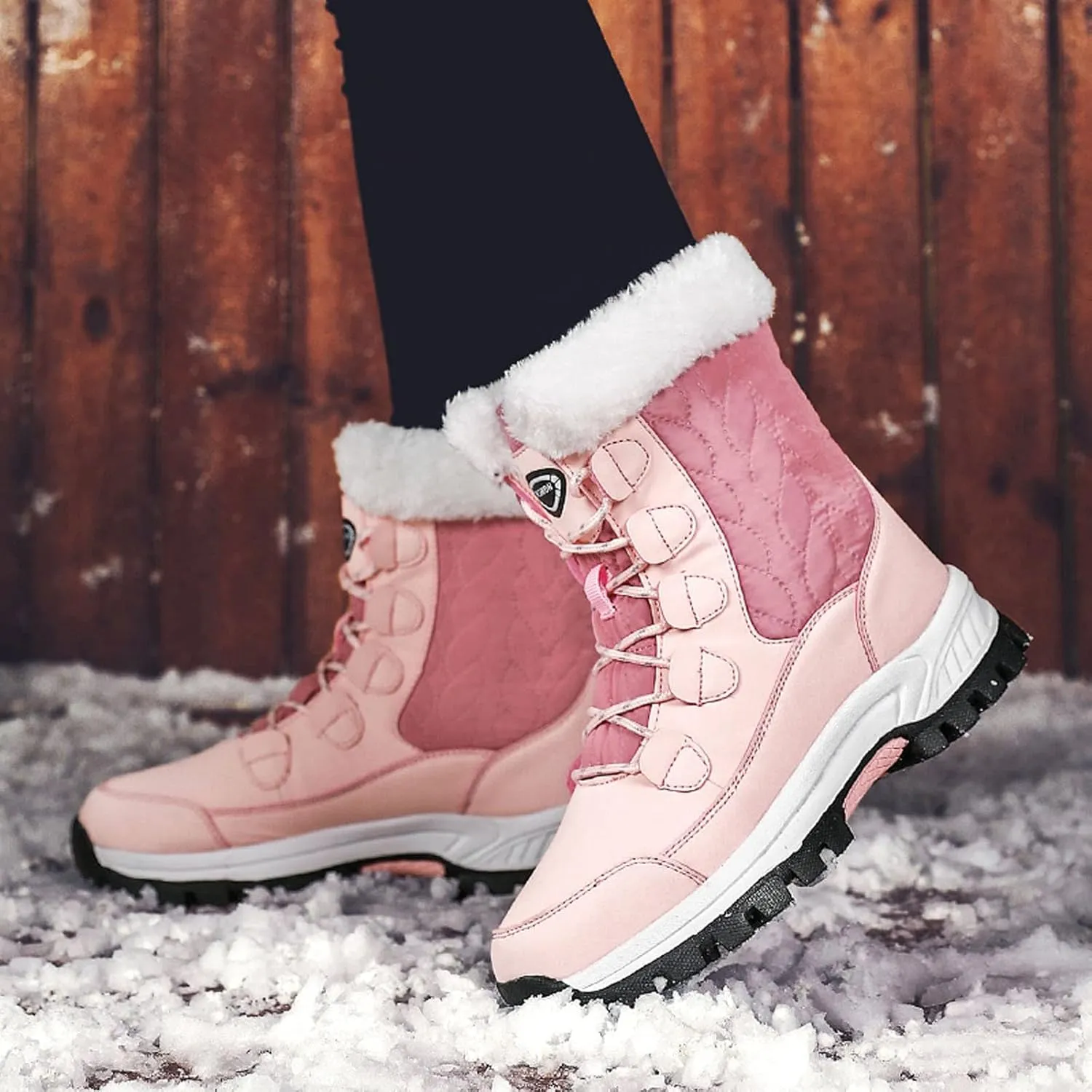 Winter Boots for Women Mid Calf Lace Up Warm Fur Lined Winter Boots Anti Slip Lug Sole Waterproof Hiking Snow Boots