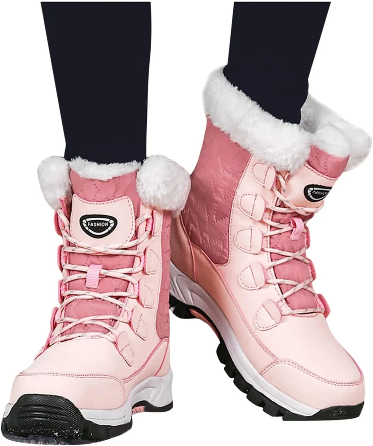 Winter Boots for Women Mid Calf Lace Up Warm Fur Lined Winter Boots Anti Slip Lug Sole Waterproof Hiking Snow Boots