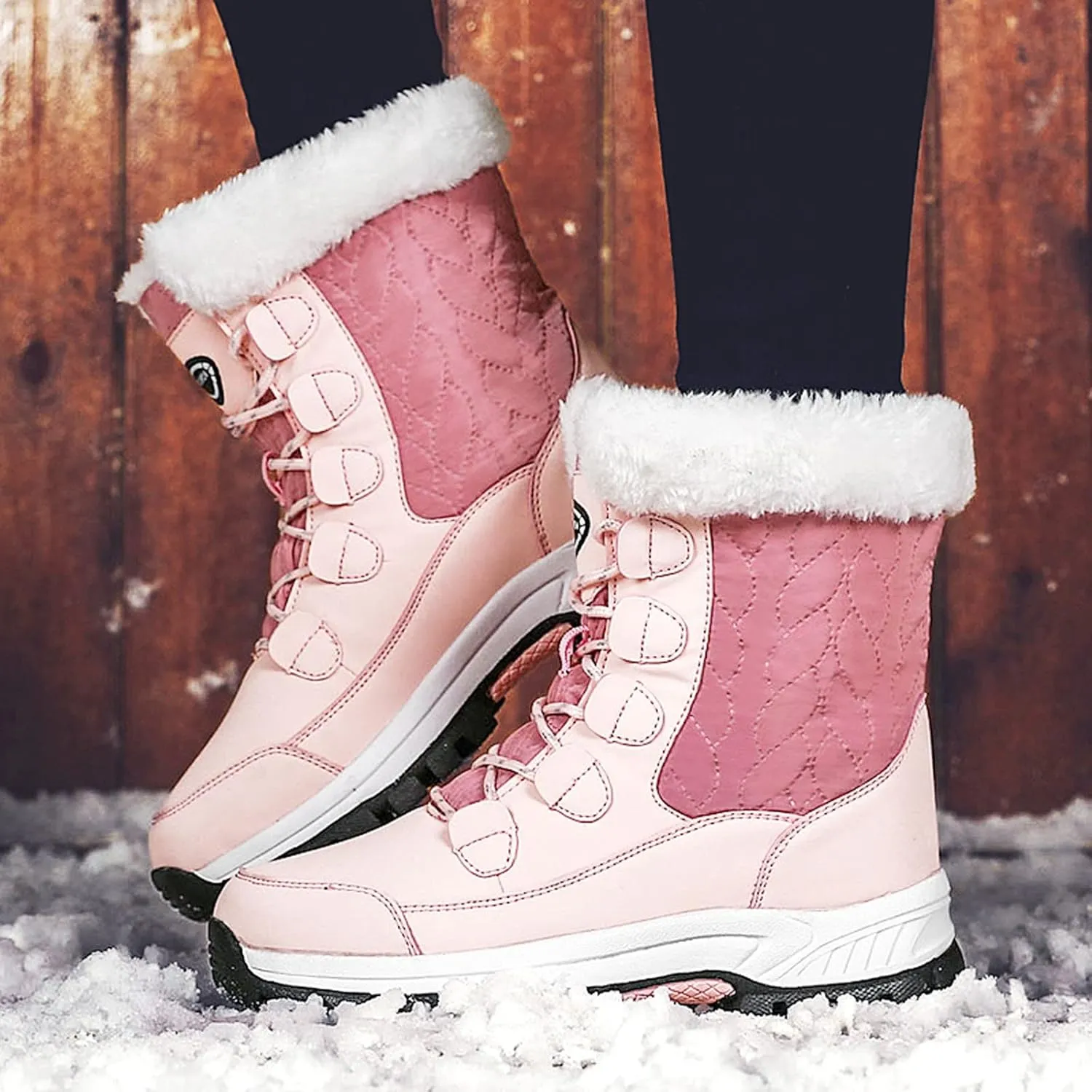 Winter Boots for Women Mid Calf Lace Up Warm Fur Lined Winter Boots Anti Slip Lug Sole Waterproof Hiking Snow Boots