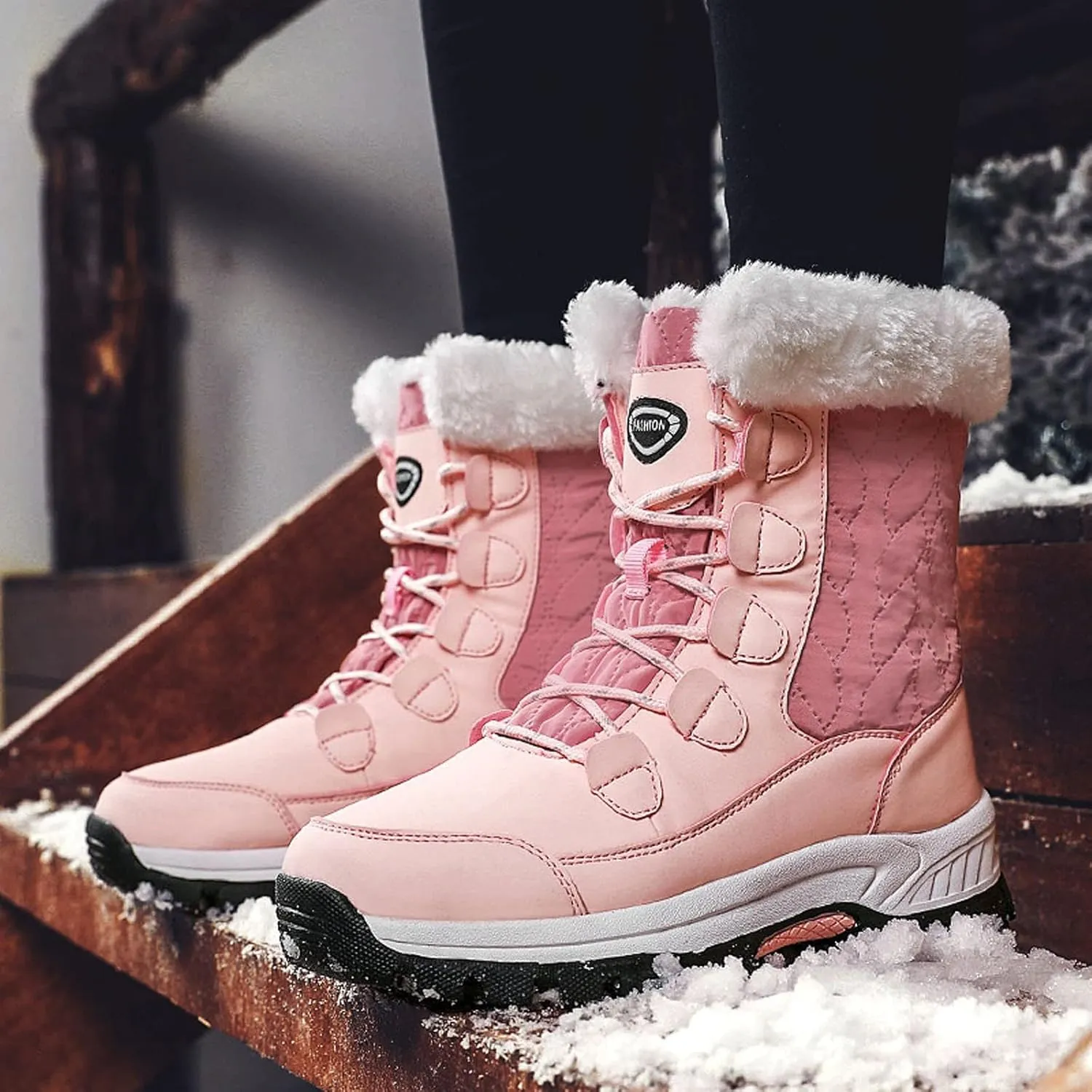 Winter Boots for Women Mid Calf Lace Up Warm Fur Lined Winter Boots Anti Slip Lug Sole Waterproof Hiking Snow Boots