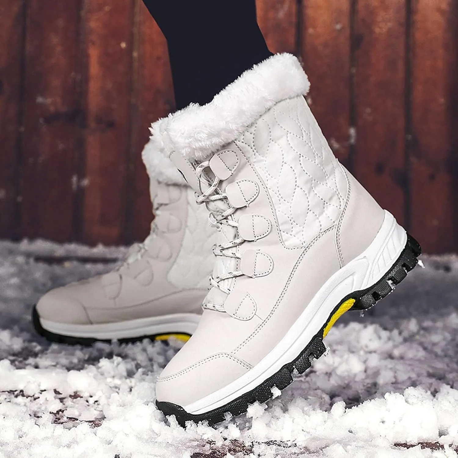 Winter Boots for Women Mid Calf Lace Up Warm Fur Lined Winter Boots Anti Slip Lug Sole Waterproof Hiking Snow Boots